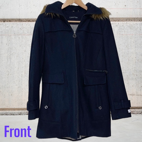 Calvin Klein Jackets & Blazers - Calvin Klein navy blue coat with faux fur hood